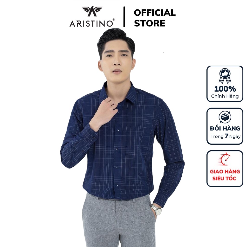 Áo sơ mi nam dài tay ARISTINO ALS22001 somi công sở vải sợi sồi cao cấp mềm mát màu xanh tím than kẻ dáng ôm không túi