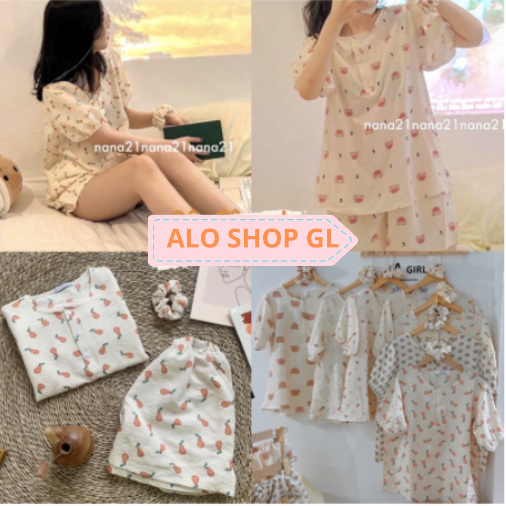 Set bộ đồ Hoạ Tiết Xinh Xắn Phong Cách ULZZANG Chất Liệu Vải Xô Thái Bộ Pijama Mặc Nhà cute hoạt hình
