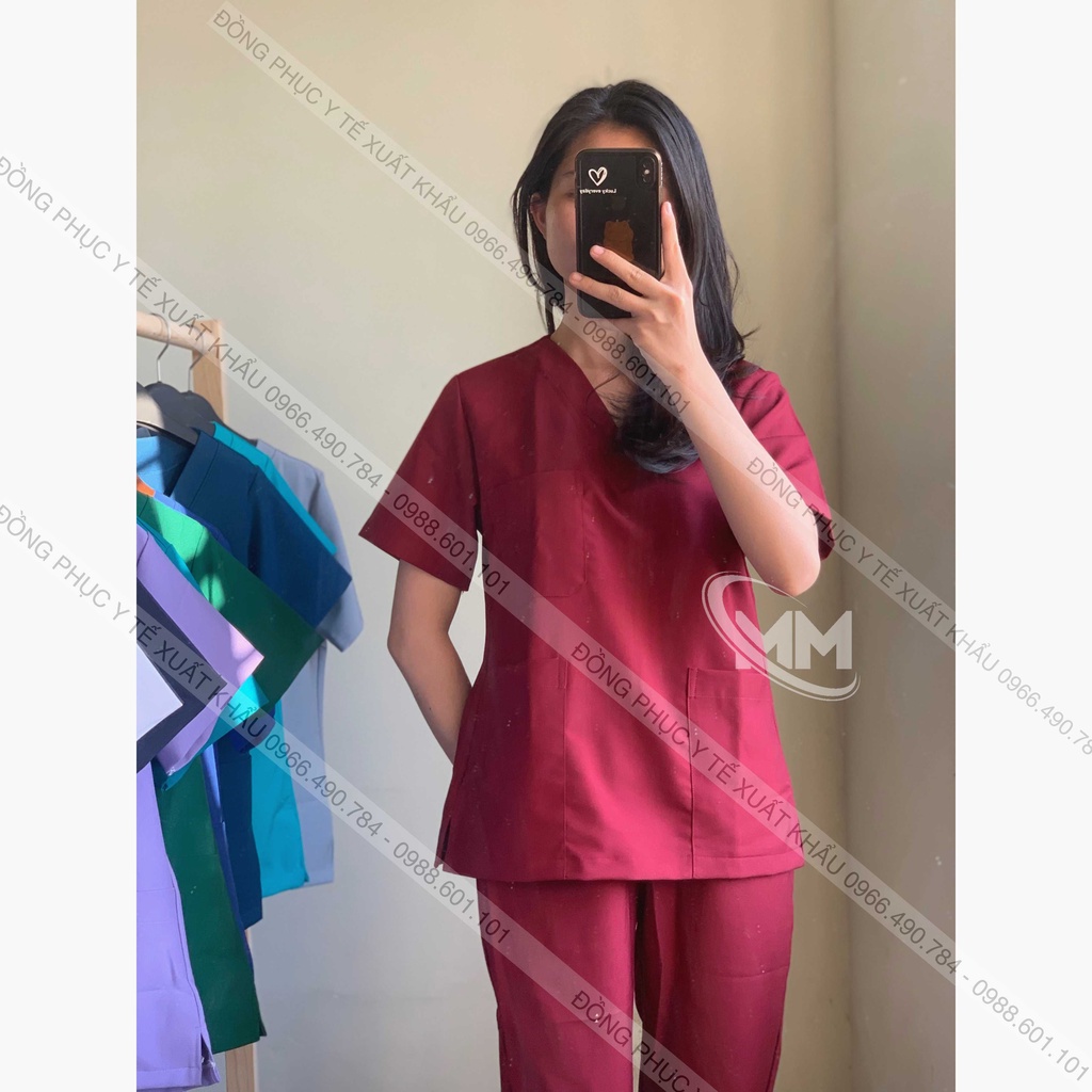 Bộ scrubs Đỏ Đô, Quần áo Blouse, y tá, bác sĩ, phẫu thuật, thẩm mỹ, Spa, Đông Phục Y Tế Cao Cấp