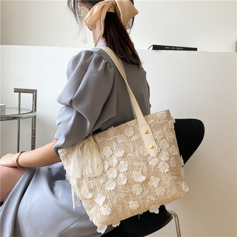Túi Cói Đeo Vai Phối Ren Kiểu Pháp Thời Trang Mùa Hè Cho Nữ