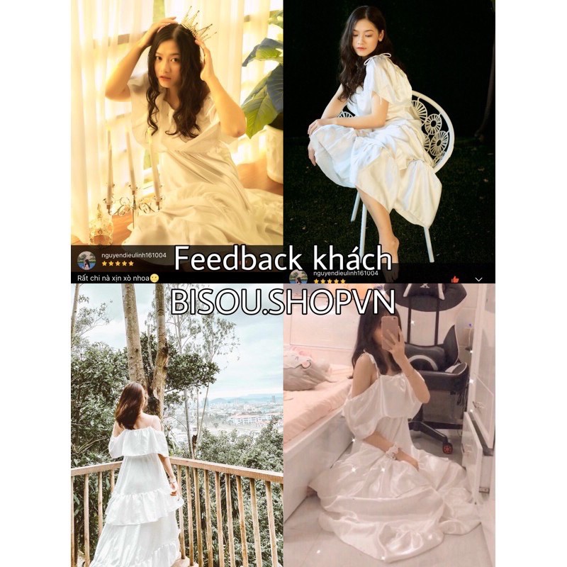 FEEDBACK❤ Đầm công chúa dự tiệc, váy du lịch, đầm trắng kỉ yếu chất Phi lụa satin ánh nhũ xoè bồng