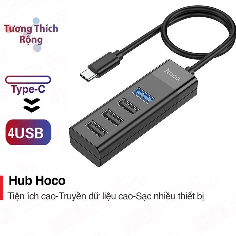CHÍNH HÃNG Hub TYPE C chuyển ra 4 Cổng 1 USB 3.0, 3 USB 2.0 Hoco HB25 cho Laptop, Điện thoại, Dài 30CM