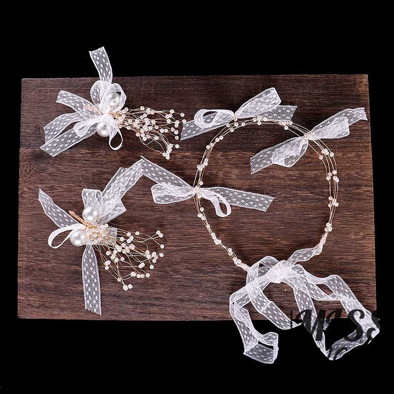 Set cài tóc + đôi bông tai dáng dài thắt nơ đính ngọc trai giả xinh xắn cho nữ