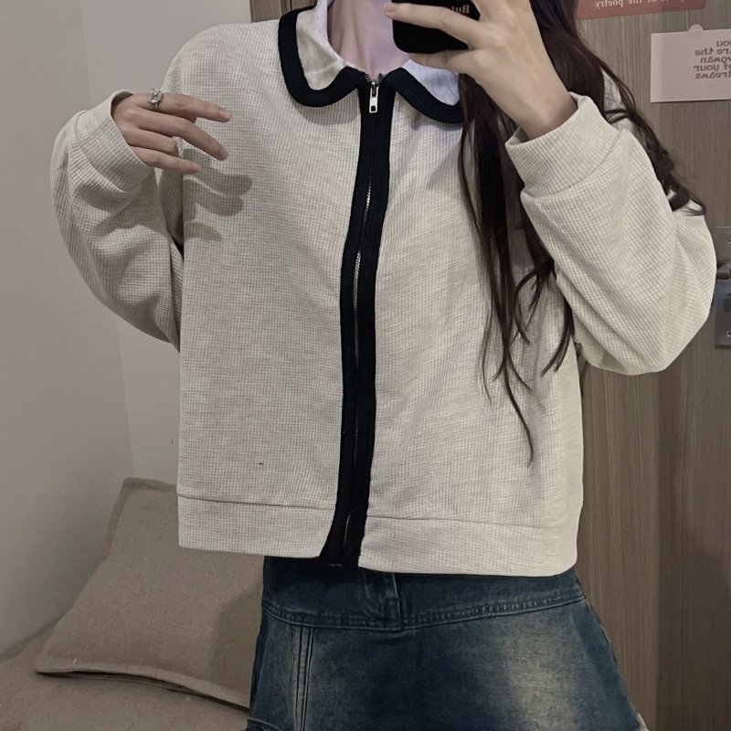 Áo khoác cardigan ZHELIHANGFEI thiết kế dài tay cổ polo phối khóa kéo thời trang