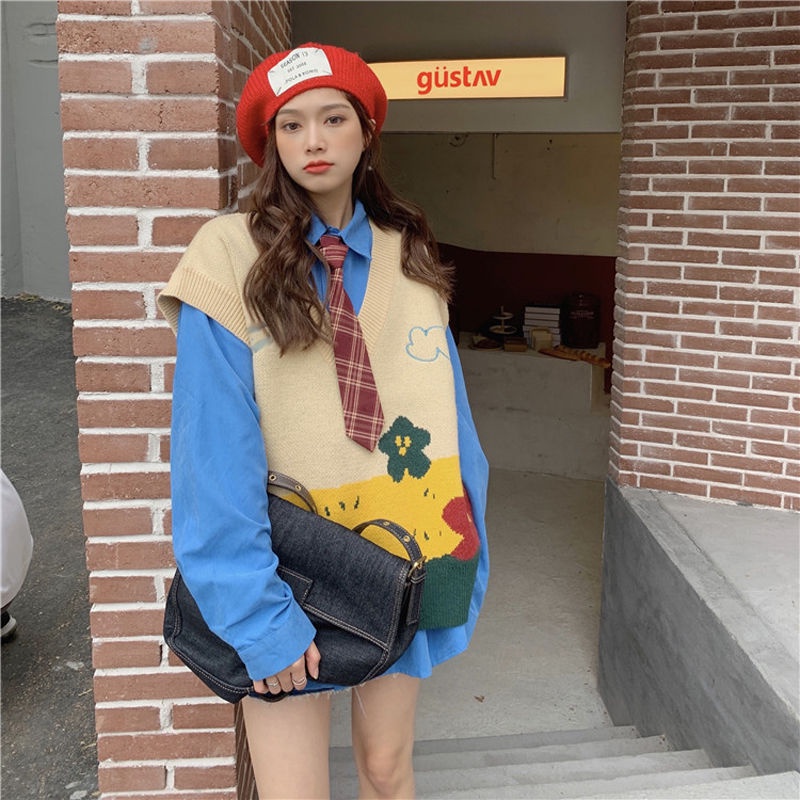 Set áo len không tay và áo sơ mi tay dài thời trang dành cho nữ