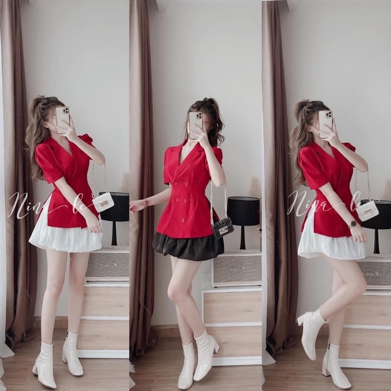 SET ÁO VEST ĐỎ CHIẾT EO CHÂN VÁY XOÈ