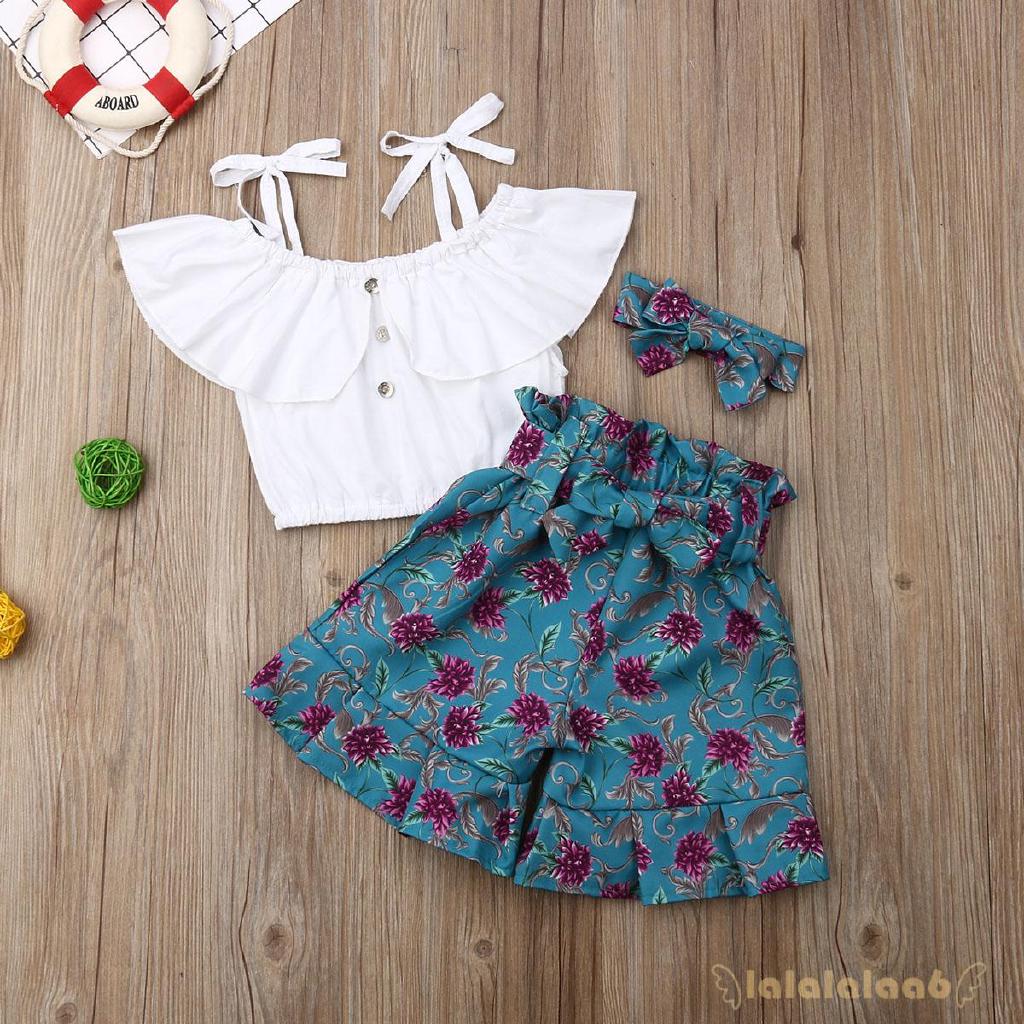 Set áo trễ vai kèm quần short và băng đô in hoa đáng yêu cho bé gái