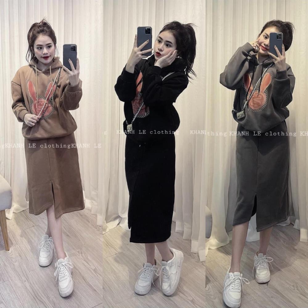 SET NỈ HODDIES TAI THỎ MIX CHÂN VÁY XẺ