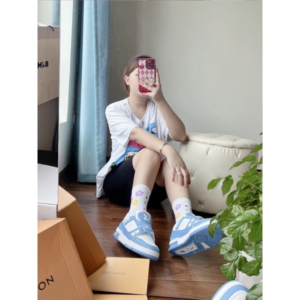 GIÀY LV TRAINER BLUE WHITE TRẮNG XANH DA THẬT LAI AU