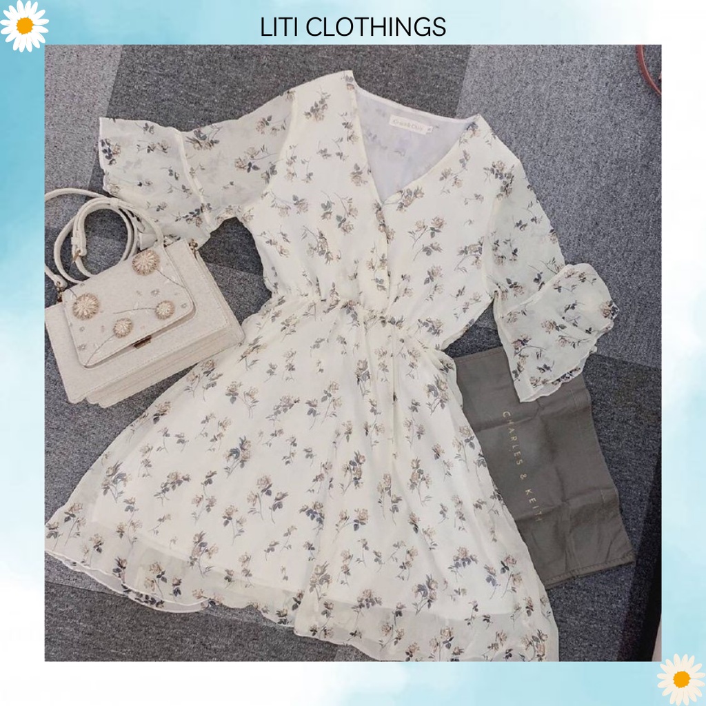 2020 Váy Hoa Nhí voan cổ V tay lửng tự điều chỉnh eo phong cách Hàn Quốc ( đủ size S,M,L,XL) KÈM ẢNH THẬT