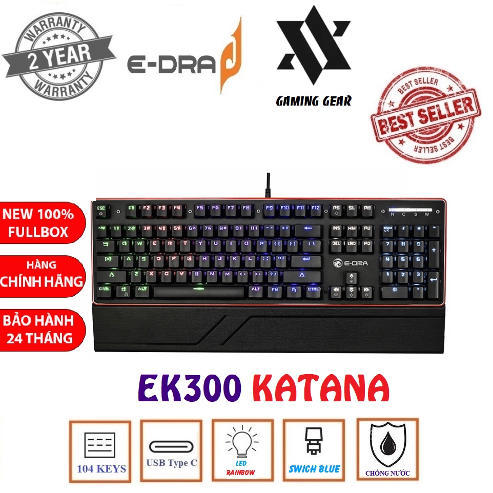 Bàn phím cơ E-DRA EK300 - Blue switch - Chống nước tuyệt đối - Có kê tay - Led 7 màu - BH 24 tháng