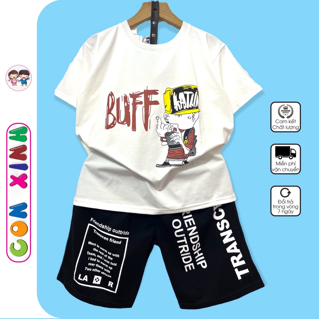 Bộ đồ bé trai Con Xinh cotton hình in Chú bé đội nón BUFF, thời trang mùa hè dành cho trẻ em từ 14 đến 45kg