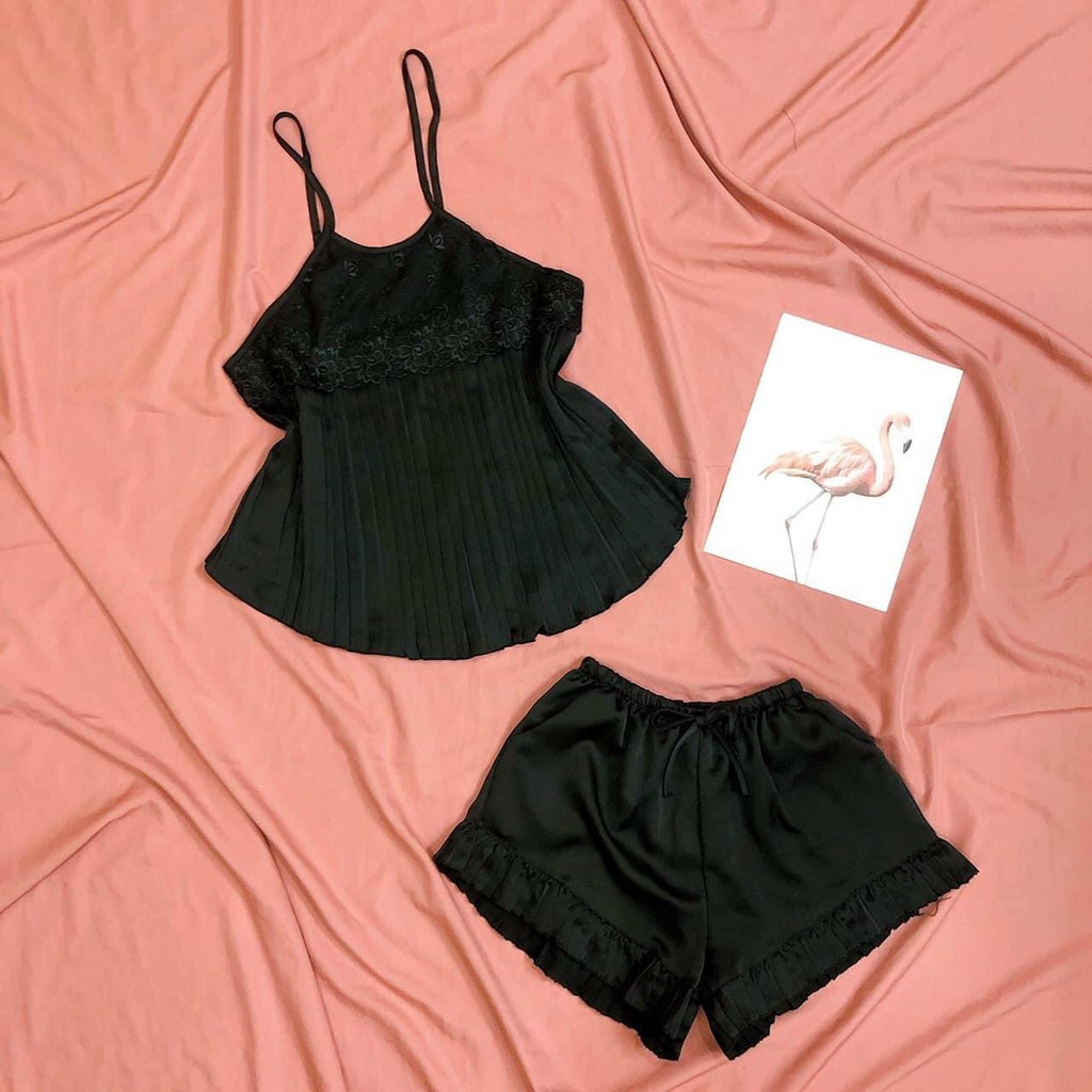 Đồ ngủ sexy / Áo yếm 2 dây dập ly phối ren, chất liệu lụa satin cao cấp, freesize dưới 65kg, kèm quần bèo gợi cảm Sexy_G | BigBuy360 - bigbuy360.vn