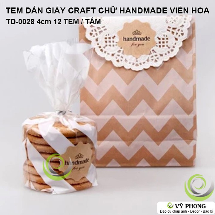 TEM DÁN STICKER GIẤY CRAFT CHỮ HANDMADE FOR YOU VIỀN HOA TRANG TRÍ  HỘP BAO BÌ QUÀ TẶNG TD-0028