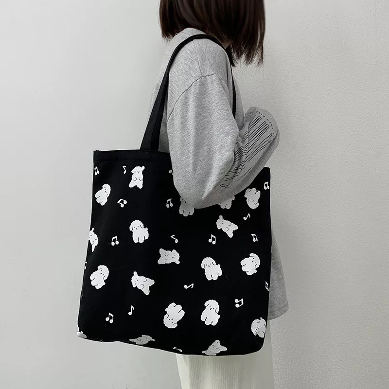 TÚI TOTE ĐEO VAI CÚN ĐEN VẢI CANVAS