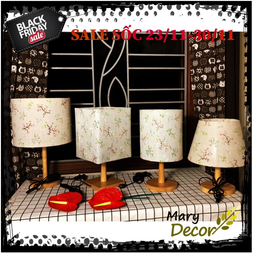 Đèn ngủ để bàn Mary Decor, đèn bàn trang trí chóa vải bố linen DIY, chân gỗ vintage - DÂY HOA NHÍ -DB-G03