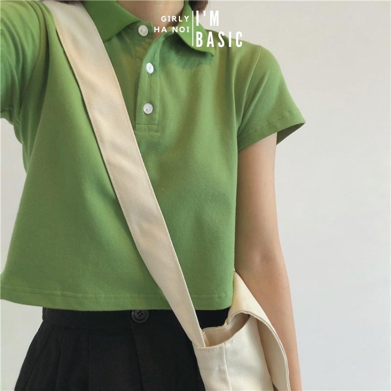 Áo croptop I'm Basic Girly nữ màu trắng cổ polo vải cotton co giãn thoáng mát croptop ngắn tay thun đẹp (APL02) | BigBuy360 - bigbuy360.vn
