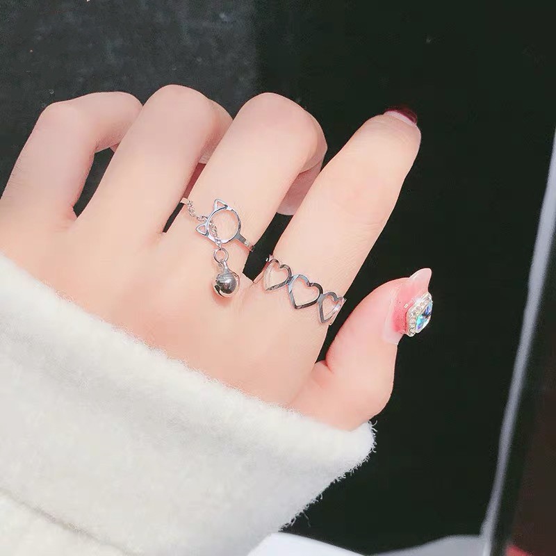 Nhẫn thép titan mạ vàng hồng dạng hở điều chỉnh được thiết kế mèo đáng yêu phong cách Hong Kong làm quà tặng cho nữ