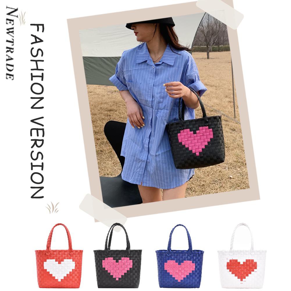 Women Heart Woven Contrast Color Handbag Top-handle Shopping Bag