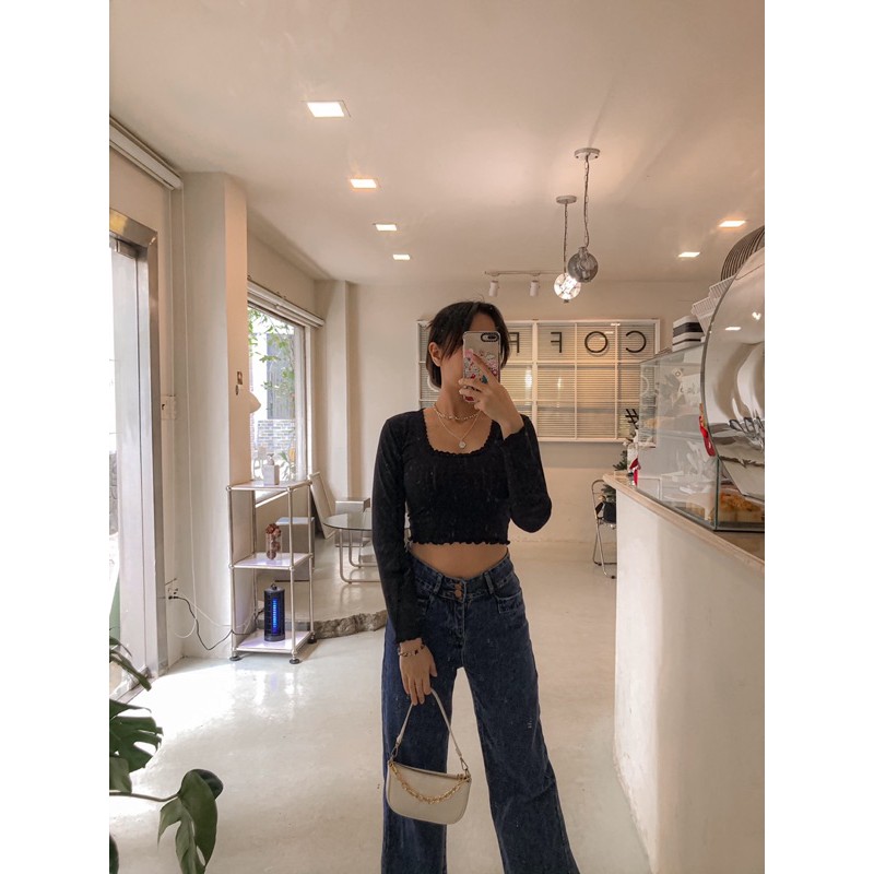 Áo croptop cổ U viền ren tay dài🌵Kèm hình thật🌵Siêu xinh, chất vải rất mềm và dày, siêu đẹp | BigBuy360 - bigbuy360.vn