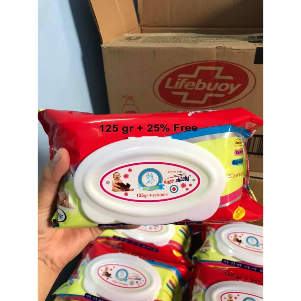 Khăn giấy ướt Baby Alibaba 125 tờ + 25% free. Mùi hương dịu nhẹ. An toàn cho bé. Nimbabe- Uy tín, giá rẻ, chất lượng