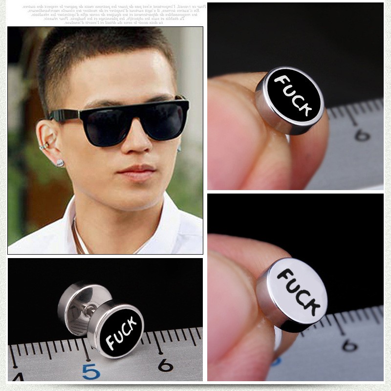 Bông tai Unisex Barbell Hiphop Rock hình quả tạ họa tiết FUCK - Bim's House