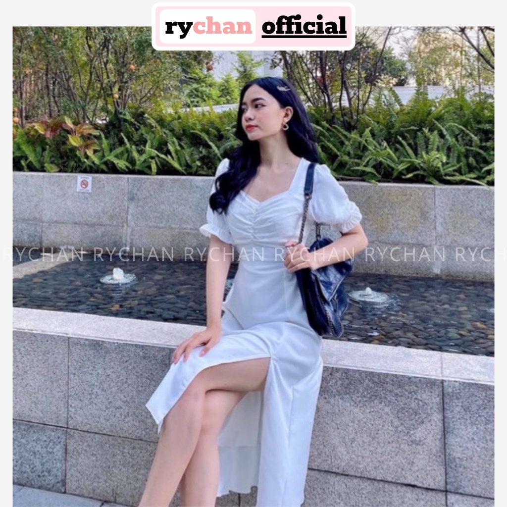 Đầm Nữ Dự Tiệc Cổ Tim Nhúng Ngực Bo Tay Thắt Eo Xẻ Tà Quyến Rũ Sang Chảnh Màu Trắng Xanh Đen - DX9884