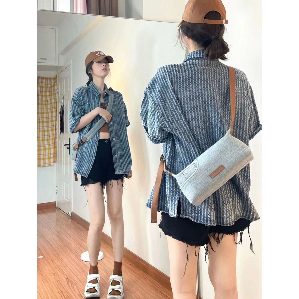 Áo Sơ Mi denim Tay Ngắn Thời Trang Hàn Quốc Mới