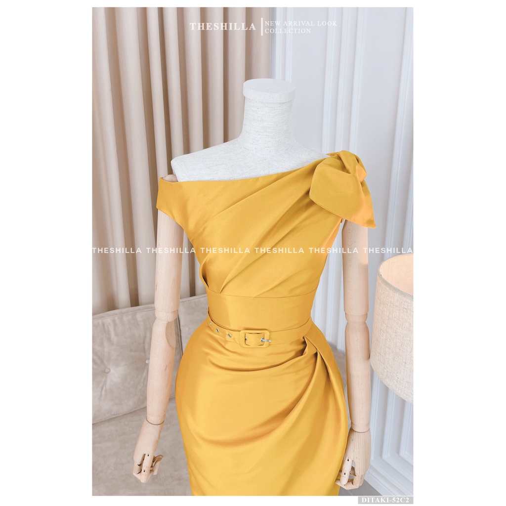 Váy thiết kế cao cấp màu vàng body vai nơ kèm thắt lưng [ Có video + Ảnh thật ] The Shilla - Ditaki-52C2