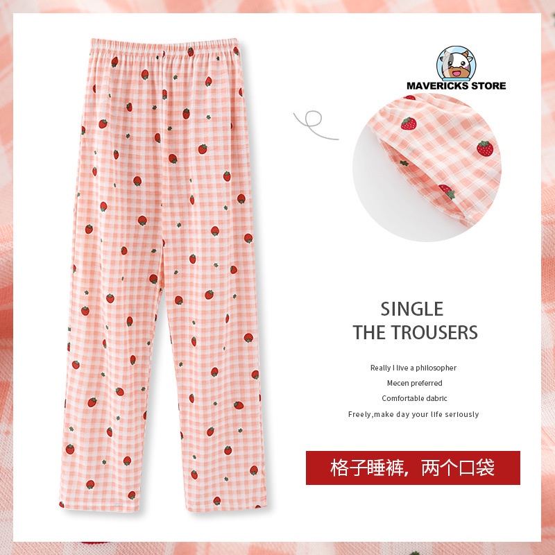 Quần ngủ cotton ống rộng họa tiết caro phong cách Hàn Quốc