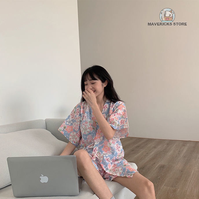 Bộ đồ ngủ kimono in hoa dễ thương thời trang xuân hè cho nữ