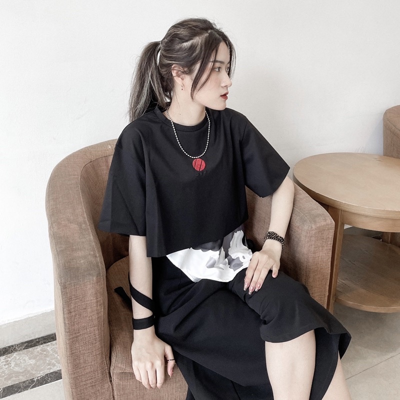 Áo croptop nữ Zune.zx đen thêu hình tay lỡ, Kami croptop