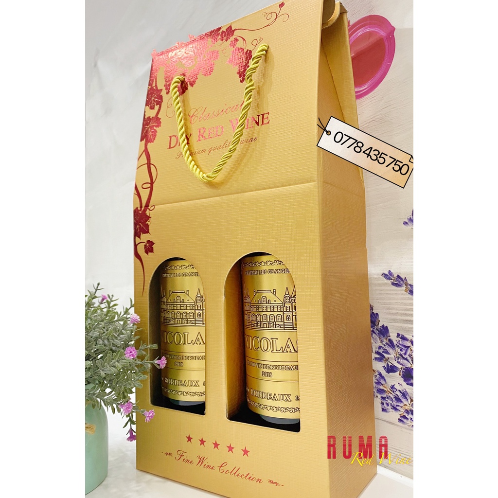 Set quà tặng hộp giấy 2 chai rượu vang Pháp Nicolas Bordeaux