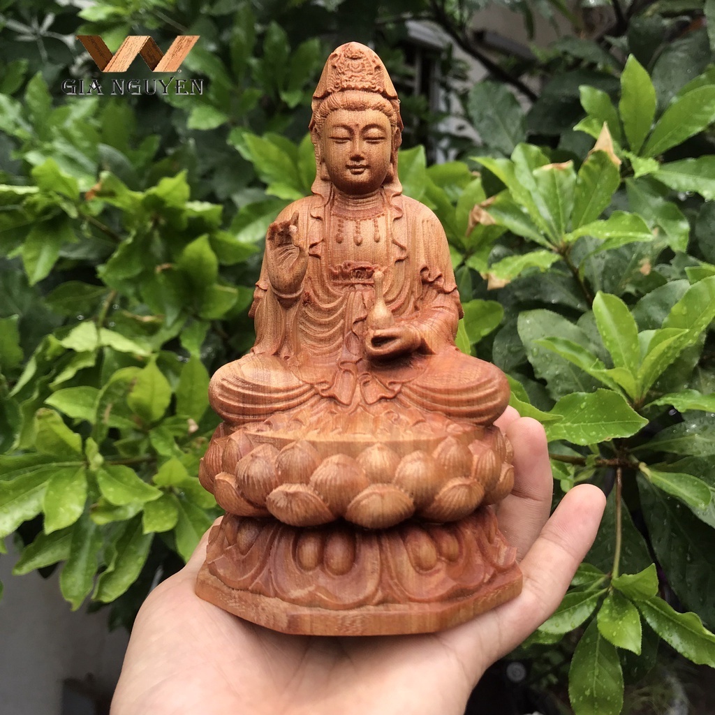 Tượng Phật Bà Quan Âm tọa đài sen Tượng gỗ thơm để ô tô, để bàn  phong thủy, may mắn, bình an