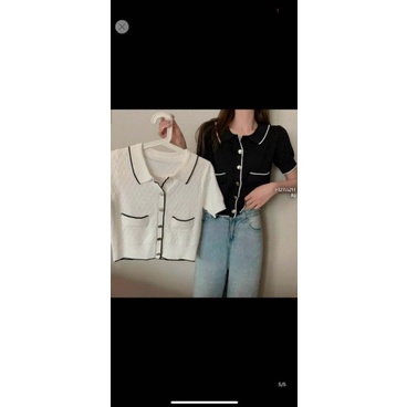 Áo len nút hai túi phối viền khác màu tay ngắn hàng Quảng Châu 0205