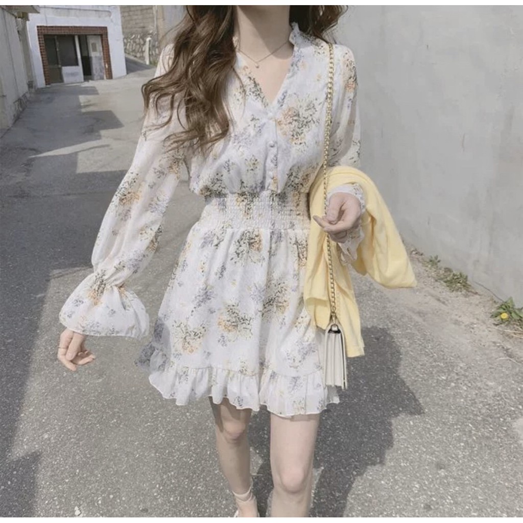 Đầm hoa tay dài dáng ngắn voan hoa vintage Hàn Quốc, Váy hoa nhí cổ tim ulzzang nhún eo Hàn Quốc V05 - Peyy Clothing | BigBuy360 - bigbuy360.vn