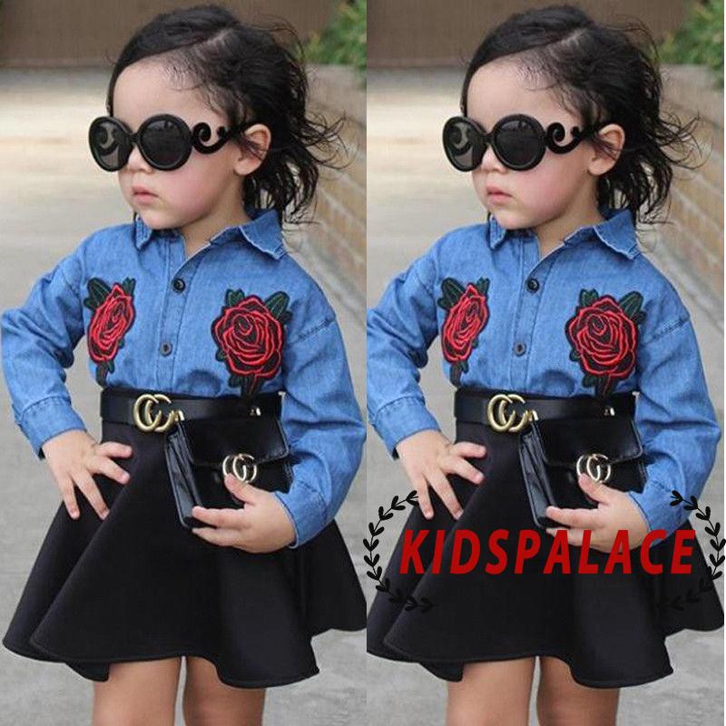 Set áo denim + Chân váy xòe dễ thương cho bé gái