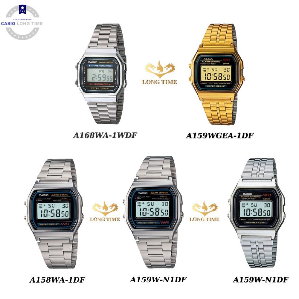 Đồng hồ nam nữ casio A159W - A158WA- A168WA  dây kim loại Chống Nước 5 ATM -Tuổi thọ Pin 7 Năm bảo hành quốc tế 12 tháng