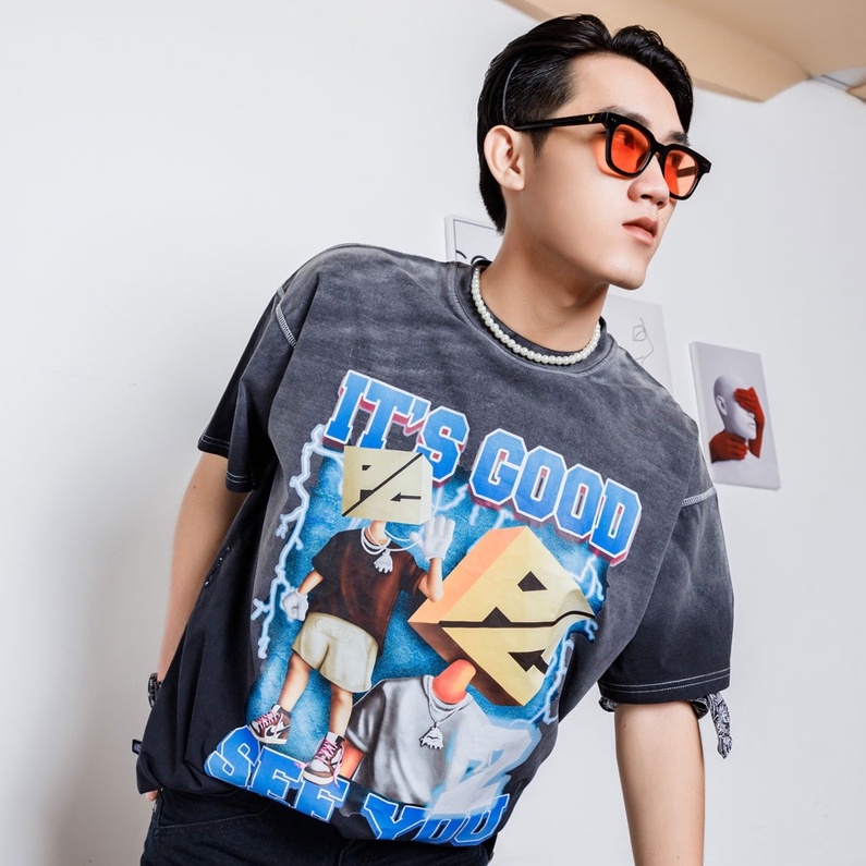 Áo thun wash nam nữ PC Retro - Màu đen Dáng oversize Hoạ tiết hình in cá tính