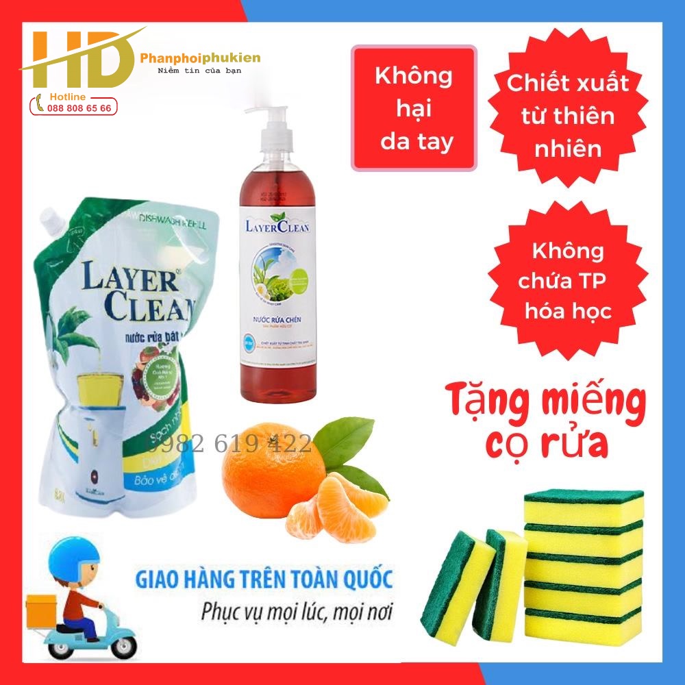 Nước rửa chén bát hữu cơ  Layer Clean, hương quả quýt - Tặng kèm miếng mút cọ rửa cao cấp