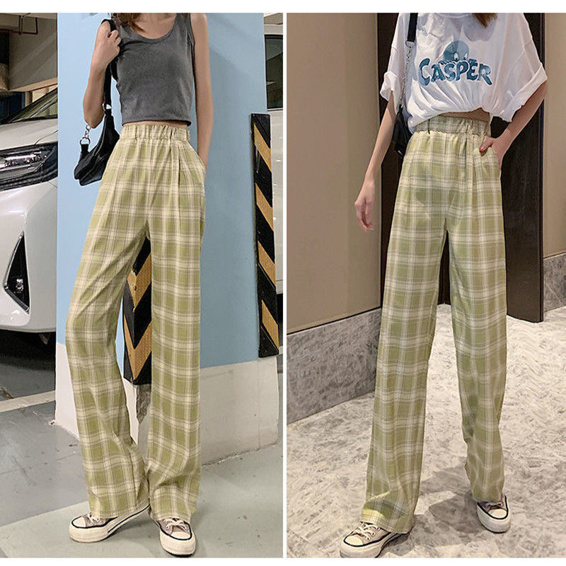 3293❤️ korean pants for women plus size high waist plaid pants loose casual straight leg full length