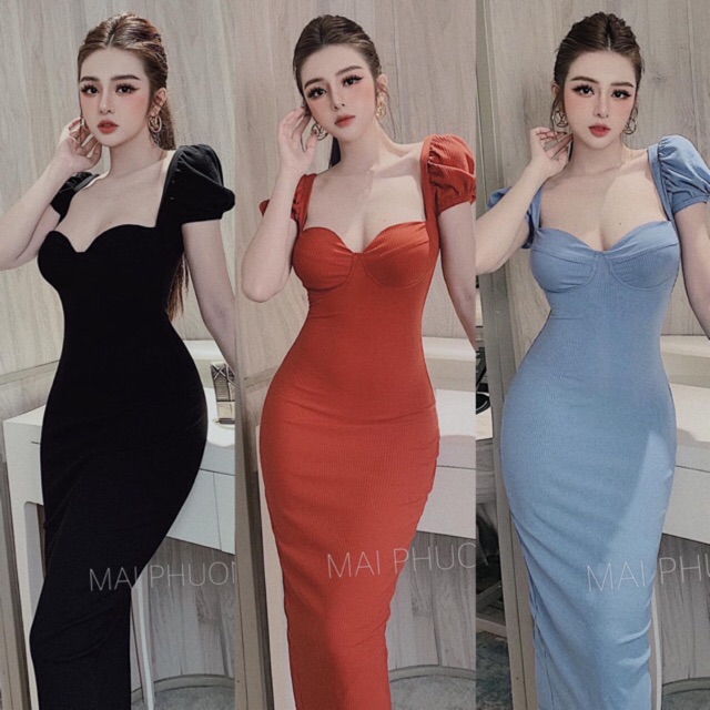 Đầm body cúp trơn tay phồng