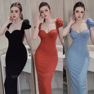 Đầm body cúp trơn tay phồng