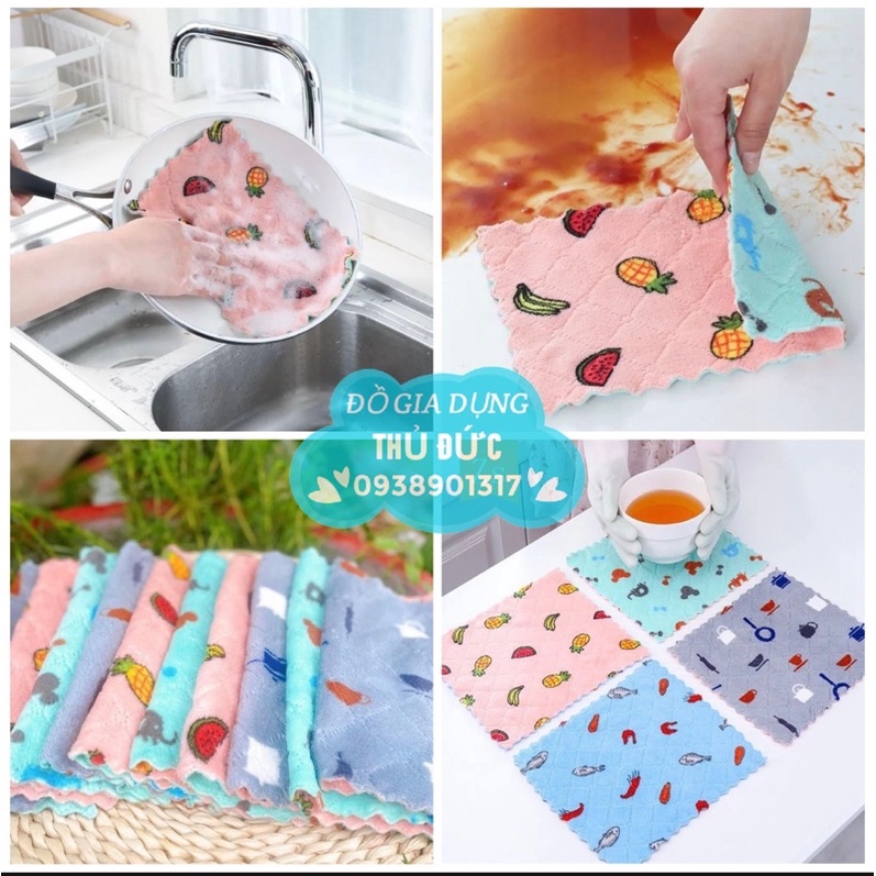 Set 10 Khăn lau bếp hoạ tiết 2 mặt thấm hút tốt 25x25cm