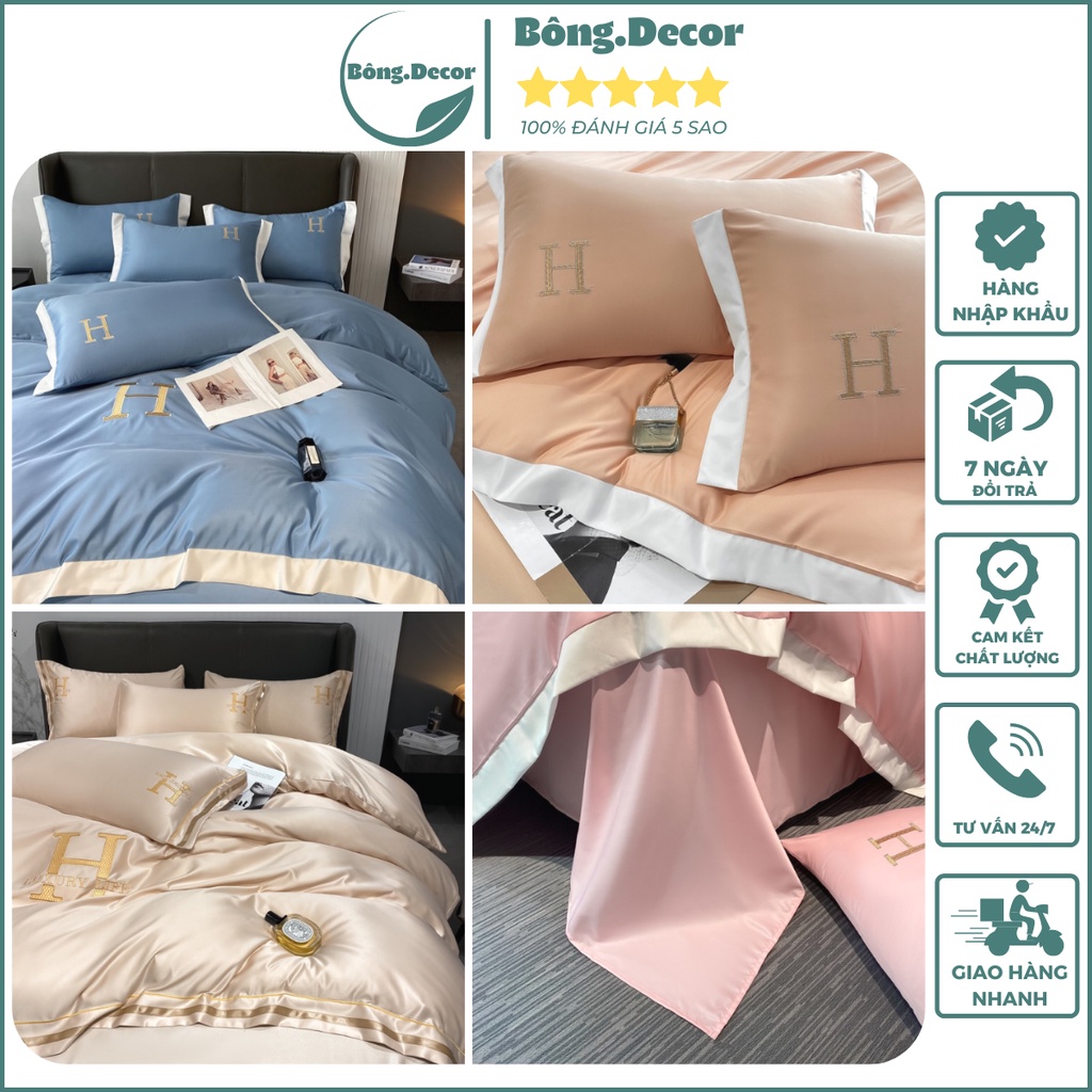 Bộ chăn ga gối Lụa thêu chữ H sang trọng hàng nhập khẩu cao cấp, chất lụa thoáng mát mềm mịn miễn phí bo chun