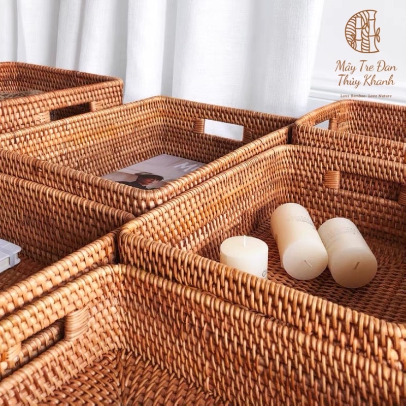 Giỏ mây đựng đồ có tay cầm, Khay mây guột đa năng decor sắp xếp nhà cửa trang trí Mây Tre Đan Thuỷ Khanh
