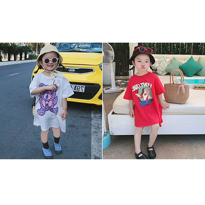 Đầm thun tay ngắn in họa tiết đáng yêu cho bé gái