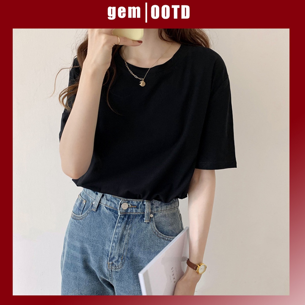 Áo thun nữ form rộng tay lỡ cổ tròn màu đen style Hàn Quốc freesize dưới 55kg chất cotton trơn 4c