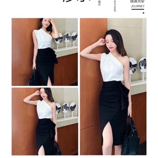 Set áo lệch vai chân váy bèo