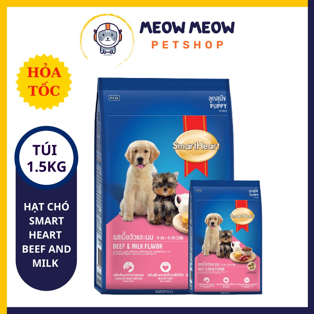Hạt cho chó Smartheart vị bò và sữa Beef and Milk Flavor | Túi 1.5KG | Hạt dinh dưỡng cho chó con.